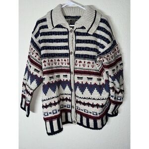 Eddie Bauer Legend Fair Isle‎ Nordic Cardigan Sweater Navy Cream SZ M Button-Up
